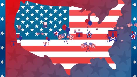 Animation-of-icons-and-usa-map-coloured-in-american-flag-over-purple-background