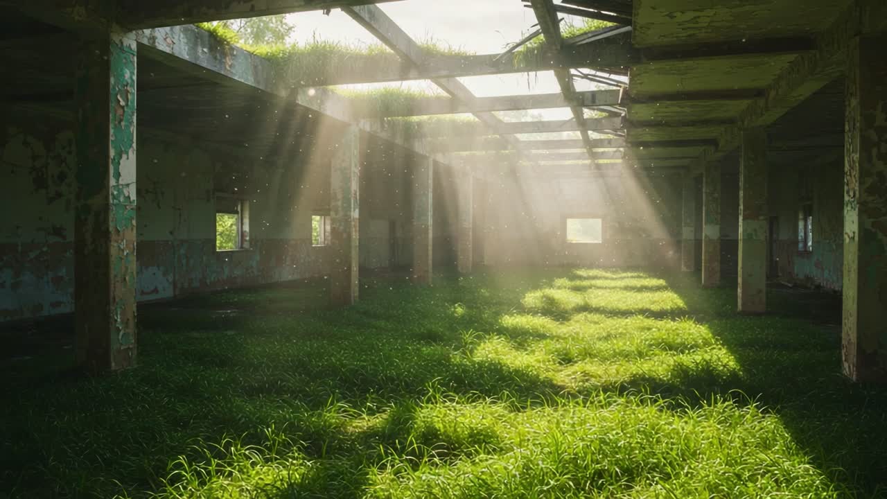 A Tranquil Abandoned Space Illuminated by Sunlight and Overgrown with Green Grass, Revealing Nature's Resilience in an Urban Ruin