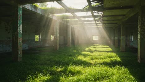 a tranquil abandoned space illuminated by sunlight and overgrown with green grass, revealing nature's resilience in an urban ruin