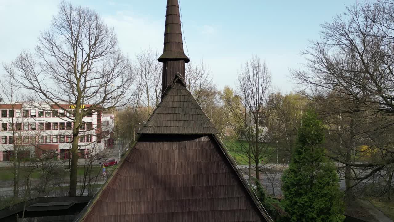 Aerial View of a Wooden Church with Shingle Roof
