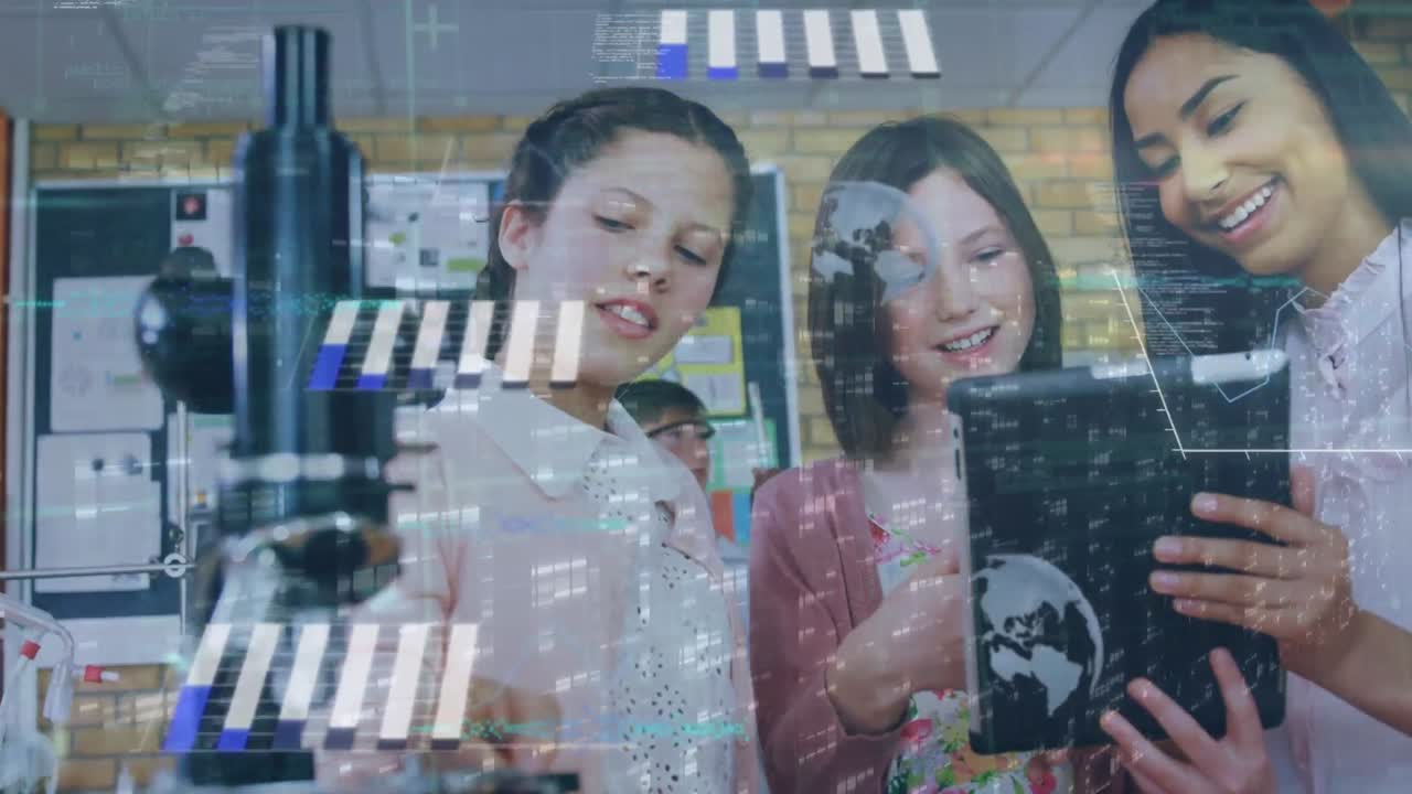 다양한 십대 학생에 대한 빛과 데이터의 애니메이션 태블릿