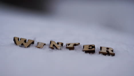 close-up of letters spelling winter as snow falls around