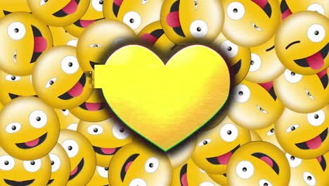 Animación-Digital-Del-Efecto-De-Falla-Sobre-El-ícono-Del-Corazón-Amarillo-Contra-Múltiples-Emoji-De-Cara-Tonta