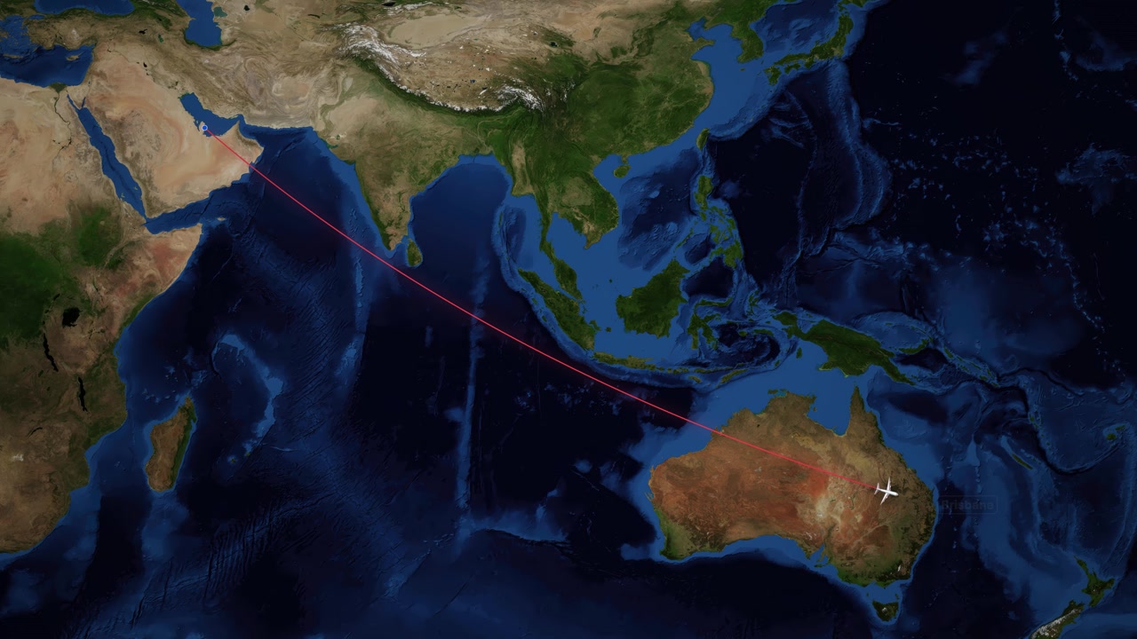 Airplane icon travels along red line from Doha to Brisbane on satellite world map