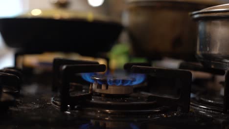 toma de primer plano del fuego azul desde la cocina doméstica. cocina de gas con llamas ardientes de gas propano. recursos industriales y concepto de economía