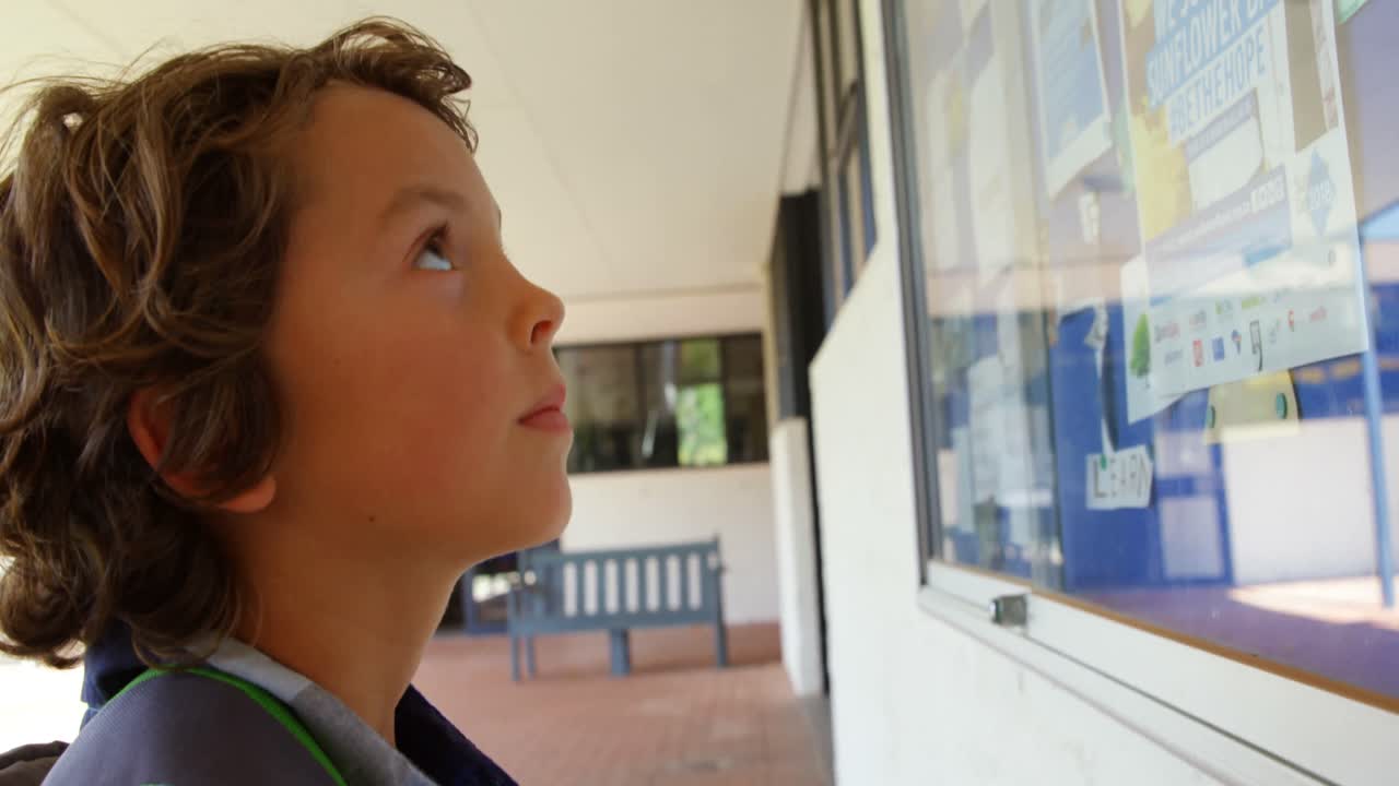 Side view of Caucasian schoolboy looking at noticeboard in the school corridor 4k