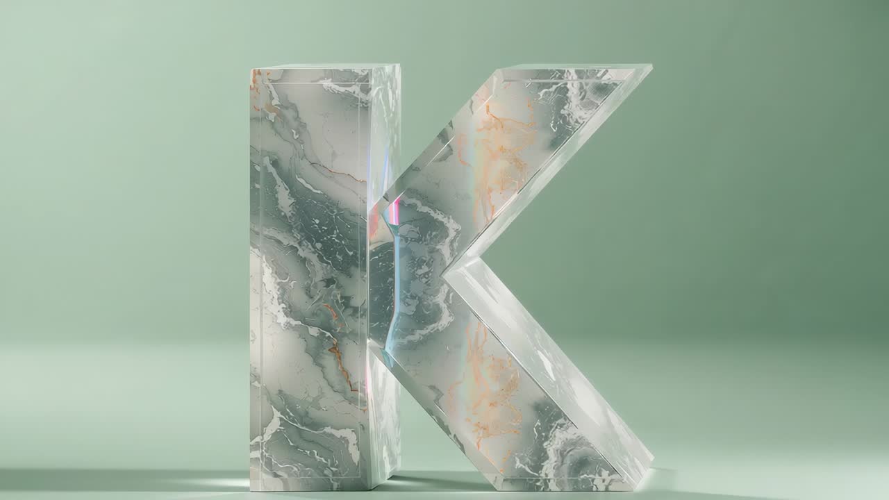 Glint traveling down edge of marble K on reflective floor causing gradual green backdrop darkening