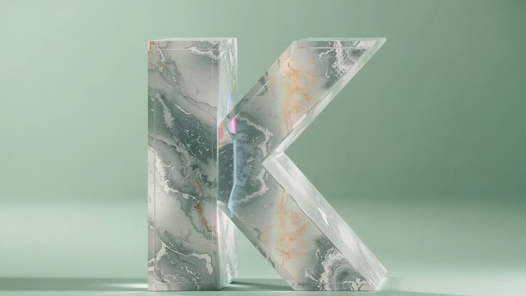 Glint traveling down edge of marble K on reflective floor causing gradual green backdrop darkening