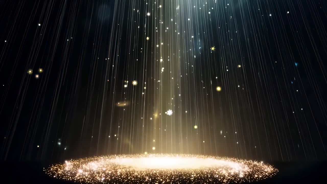 A mesmerizing video of golden particles cascading from above, captured from a low angle