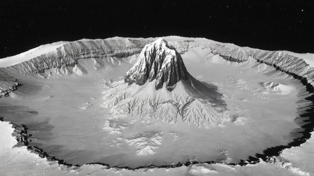 Avvicinandosi al picco centrale, la telecamera esegue una lenta inclinazione in avanti verso il bacino lunare, rivelando canaloni.