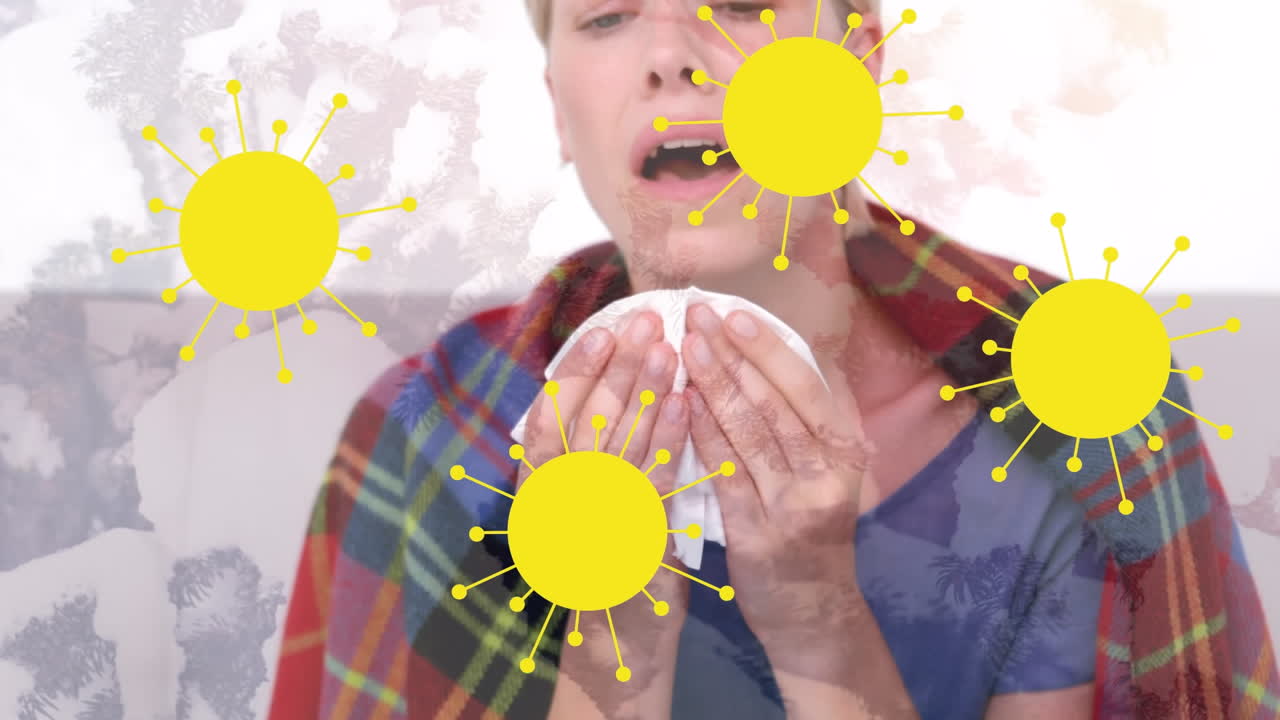 animación de las células del virus sobre la estornudo de la mujer caucásica