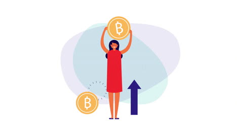 joven mujer de negocios con bitcoin y flecha hacia arriba