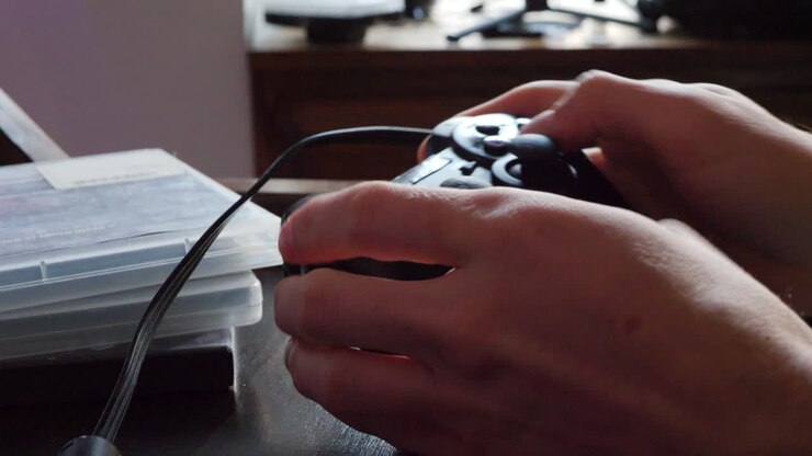 Un giocatore professionista di eSport con un controller per videogiochi durante una partita di gaming competitiva.