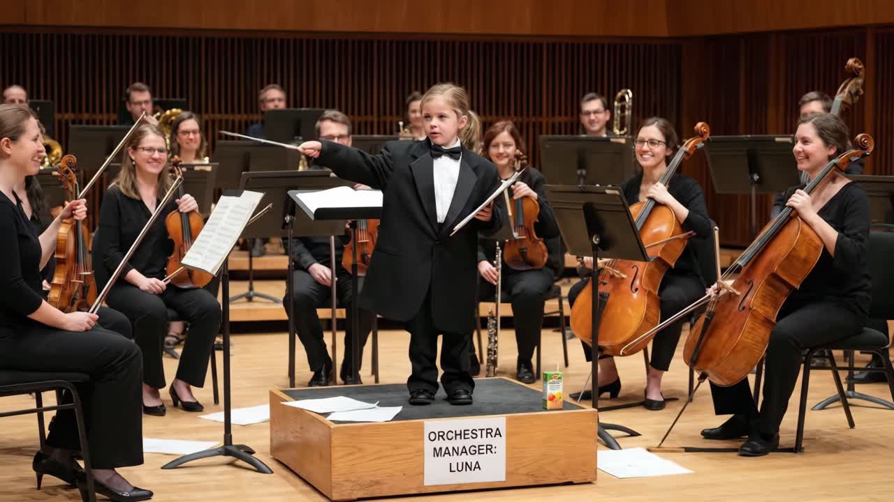 Ung jente dirigerer orkester med glede og entusiasme