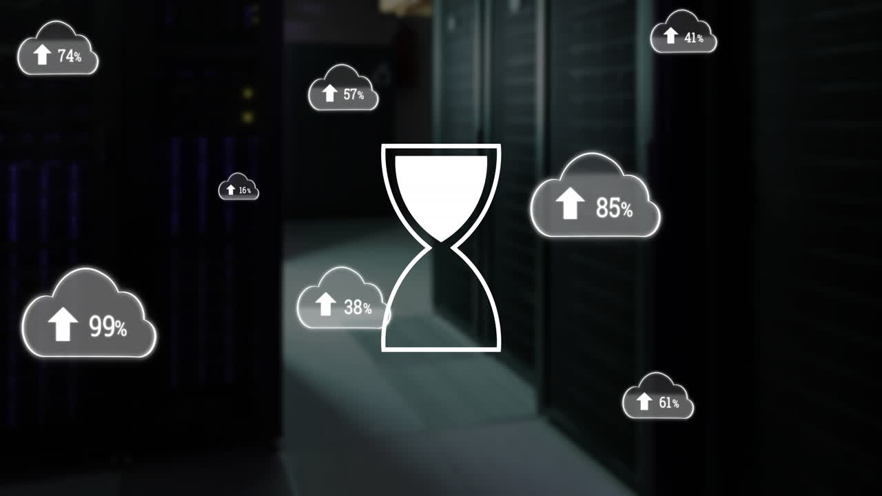 Animation of clouds and hourglass icon data processing over computer servers
