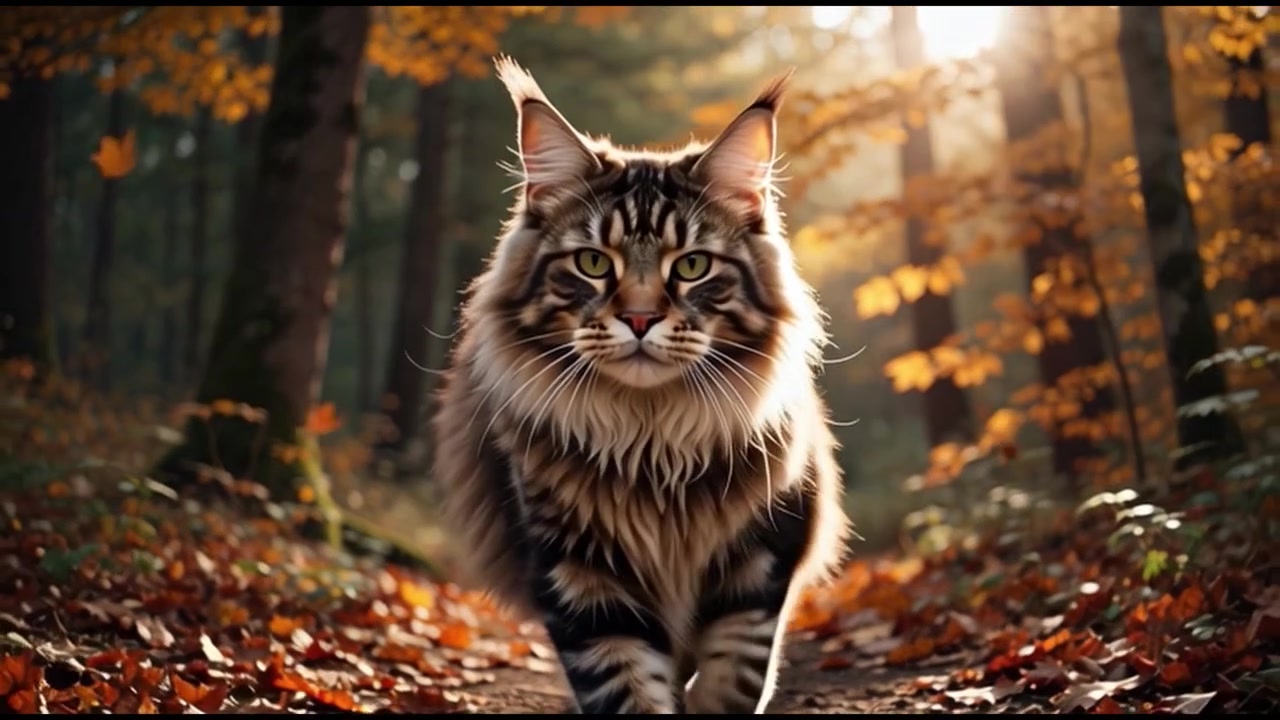 Gatto Maine Coon che cammina in una foresta autunnale