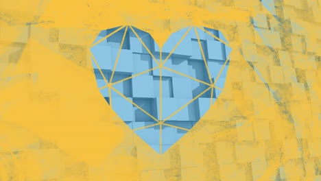 Animation-of-yellow-heart-shape-over-blue-squares