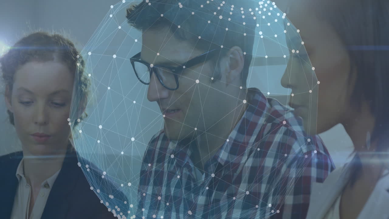 Collaborating in office, diverse team with digital animation overlaying discussion