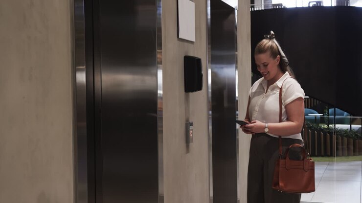 Mulher esperando o elevador, verificando o smartphone e segurando uma bolsa marrom.