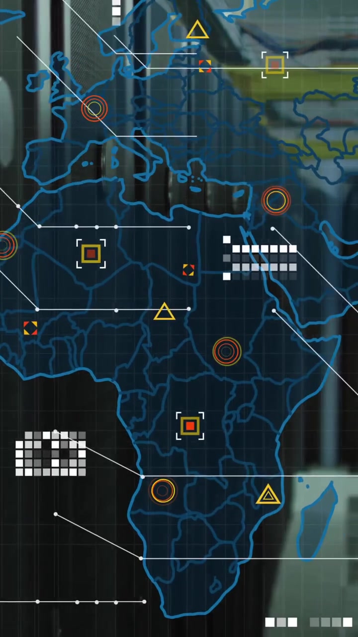 Animation of digital world map with data points and hexagonal patterns in office