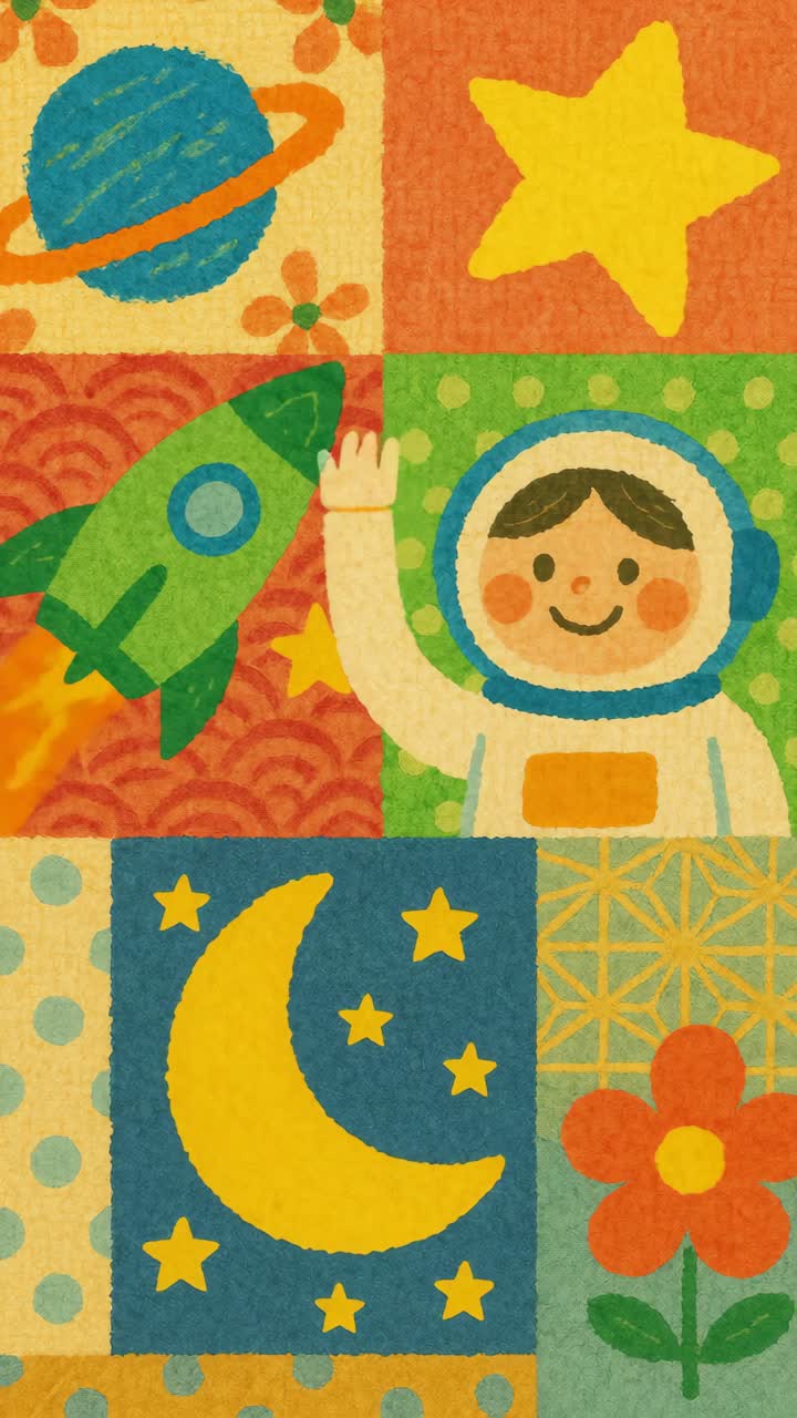 Colorful, childlike illustration of space elements, featuring an astronaut, rocket, and stars