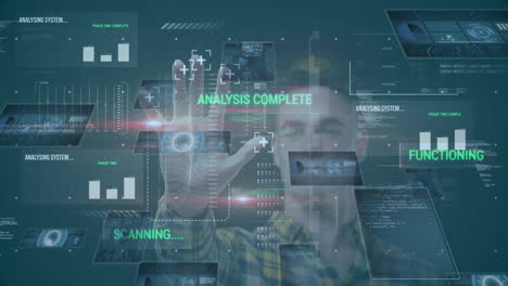 animación del procesamiento de datos de identidad sobre un hombre de negocios tocando la pantalla biométrica en el fondo