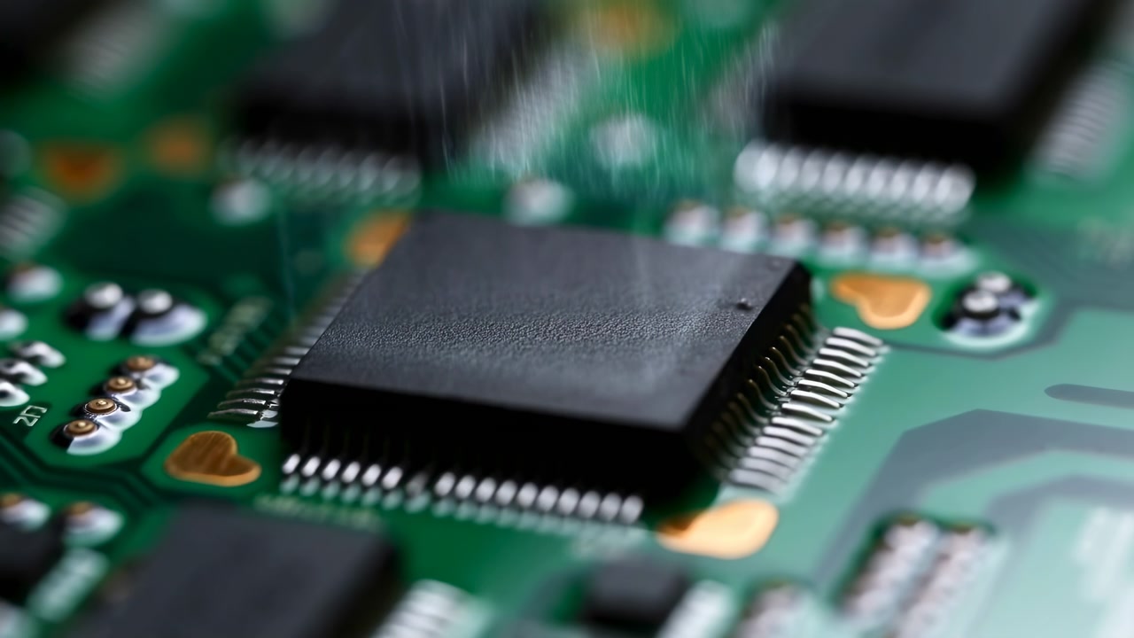 Chip a circuito integrato in primo piano su una scheda a circuito stampato verde con messa a fuoco variabile e sfocatura a strisce transitoria, che mostra conduttori metallici, pad dorati, superficie nera opaca e dettagli elettronici precisi.