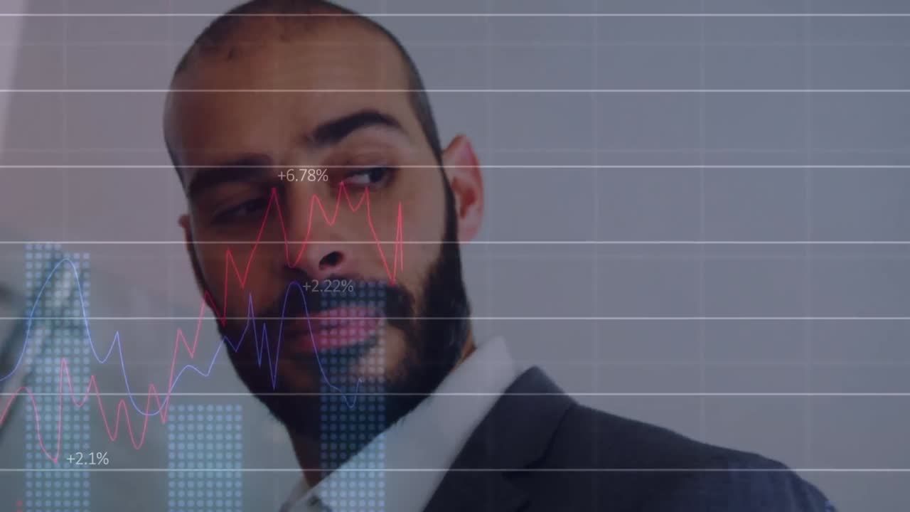 Financial data processing against biracial businessman smiling at office