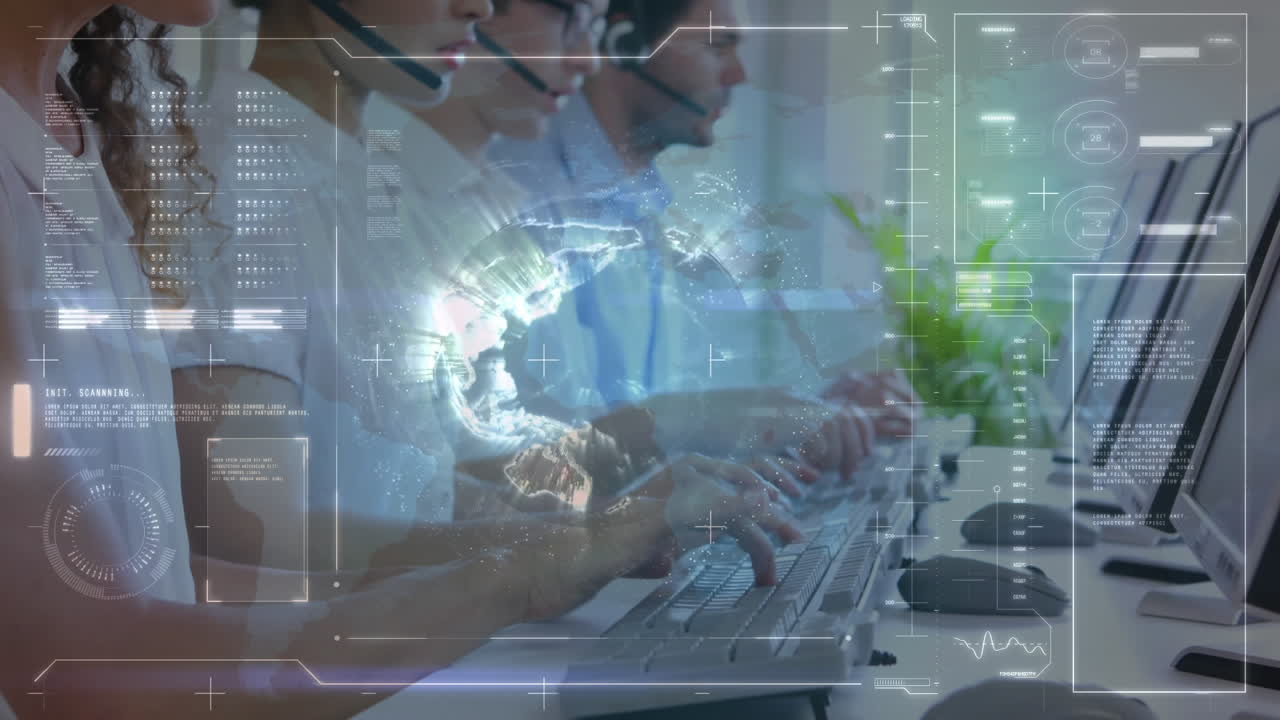 Team of call centre agents multitasking