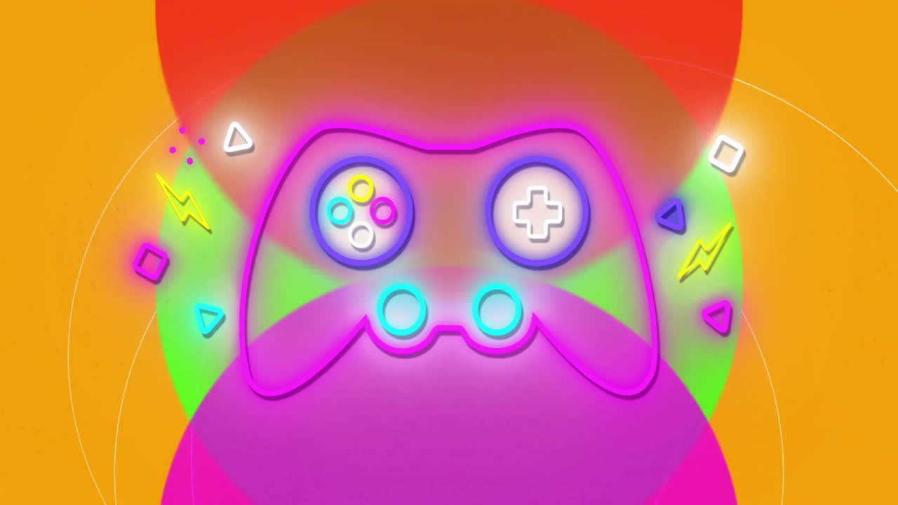 Neon game controller animation over colorful abstract shapes on orange background