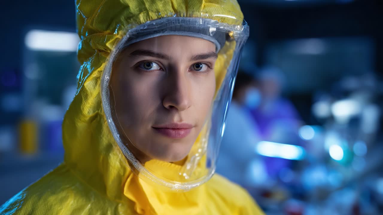 Soustředěný zdravotnický pracovník v ochranných pomůckách připravený čelit zdravotním výzvám v laboratorním prostředí s pokročilým vybavením a odhodlaným výrazem