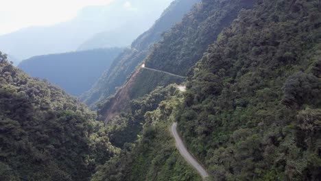 Aerial-view-of-Yungas-Road,-death-road,-in-high-mountains-of-Bolivia