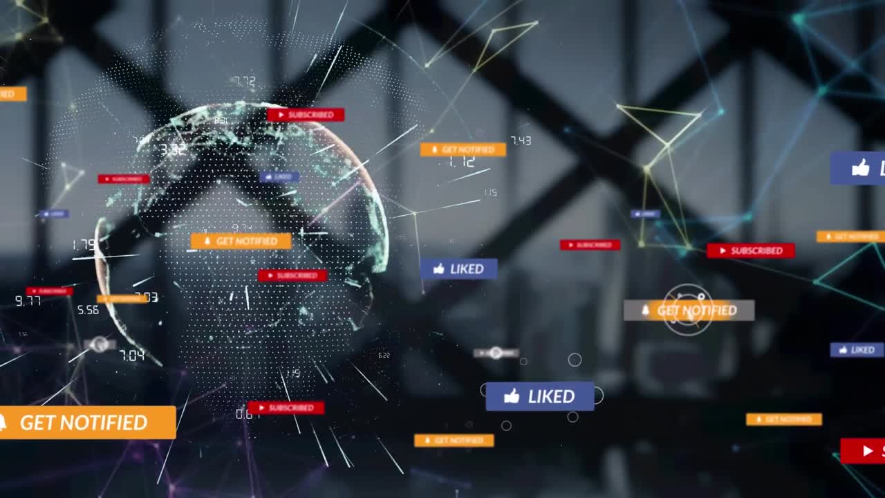 도시 풍경과 지구상의 미디어 아이콘과 모양의 애니메이션