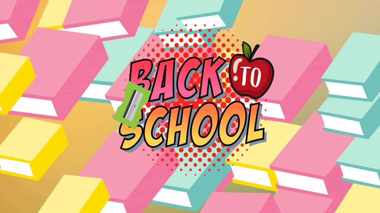 초록색 배경에 있는 학교 아이템 아이콘 위에 있는 학교로 돌아가는 텍스트의 애니메이션