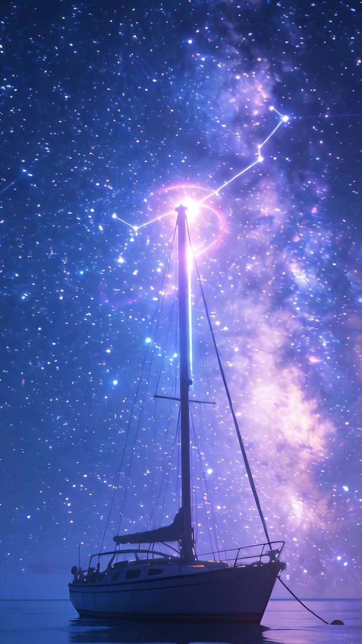 Vertical video: Aligning star forming glowing ring at masthead above sailboat at sea, reflecting