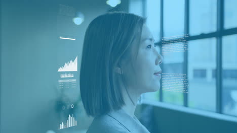 animation of statistical data processing over thoughtful asian woman looking out of window at office