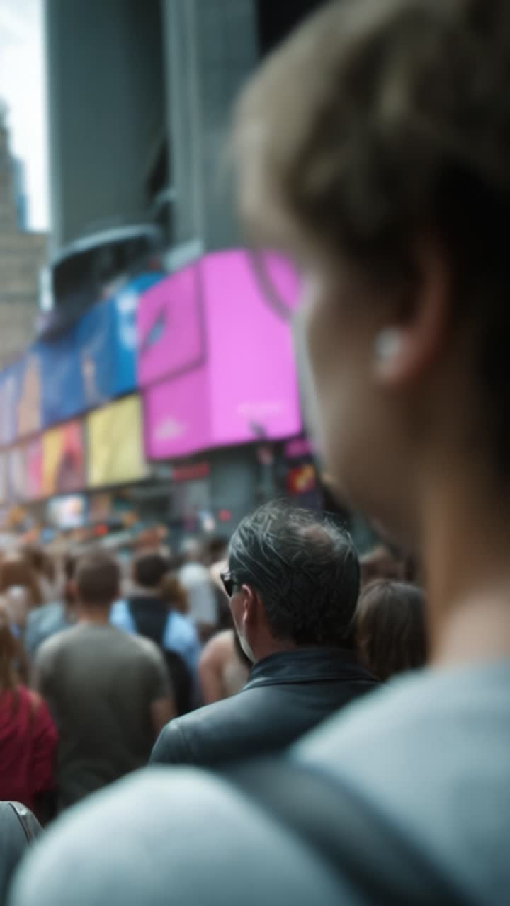 Una vivace scena cittadina: folle di persone si radunano in un vibrante ambiente urbano con cartelloni colorati e individui distratti, evidenziando le dinamiche della vita moderna.