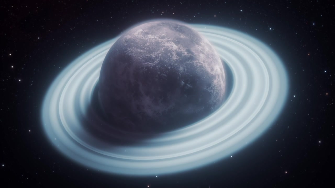 Vista cinematografica di un pianeta anellato che ruota nello spazio