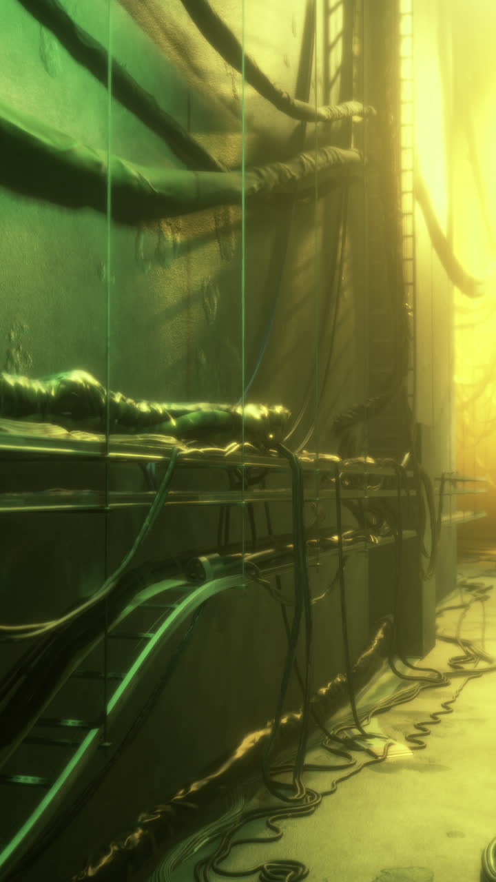 Mysterious corridor with glowing light and intertwined plants at dusk