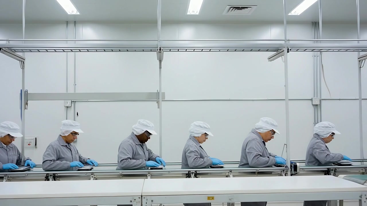 Inspecting line workers handling moving parts on conveyor at plant, wearing white caps, blue gloves