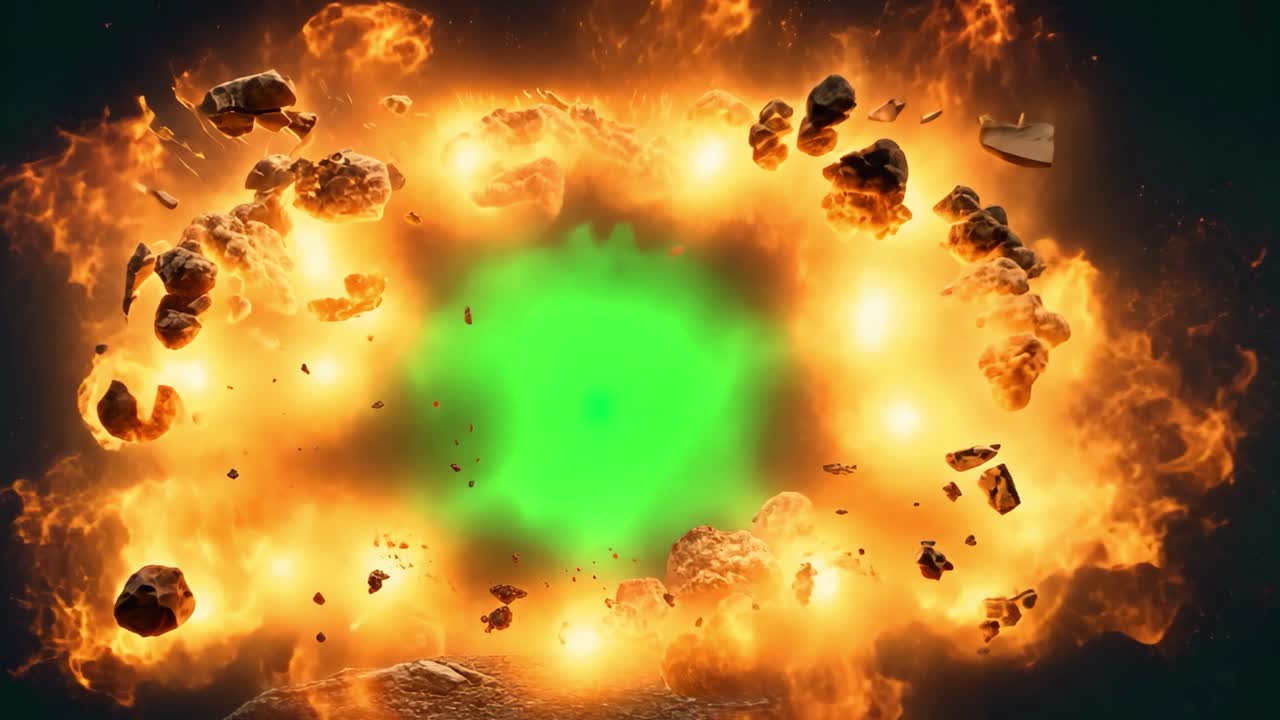 Fiery explosion animation, transparent 4K video, green screen