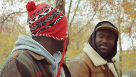 cheerful african american friends chatting and walking in park