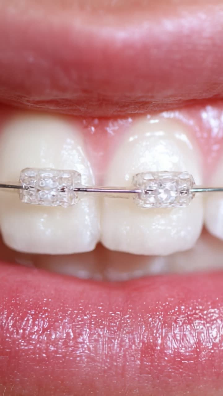 Close-up View of Orthodontic Braces Staging on Teeth Showcasing Clear Brackets Used for Effective Teeth Alignment and Smile Enhancement in Dental Care