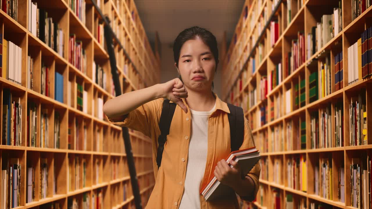라이브러리에 서 있는 동안 머리를 흔들고 엄지손가락을 아래로 보이는 책과 배을 가진 아시아 여성 학생