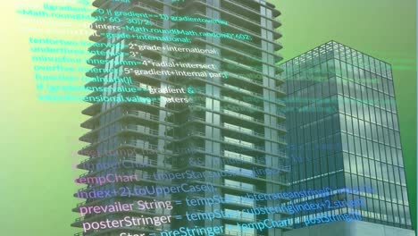 animación de lenguaje informático multicolor sobre edificios modernos contra un fondo de gradiente