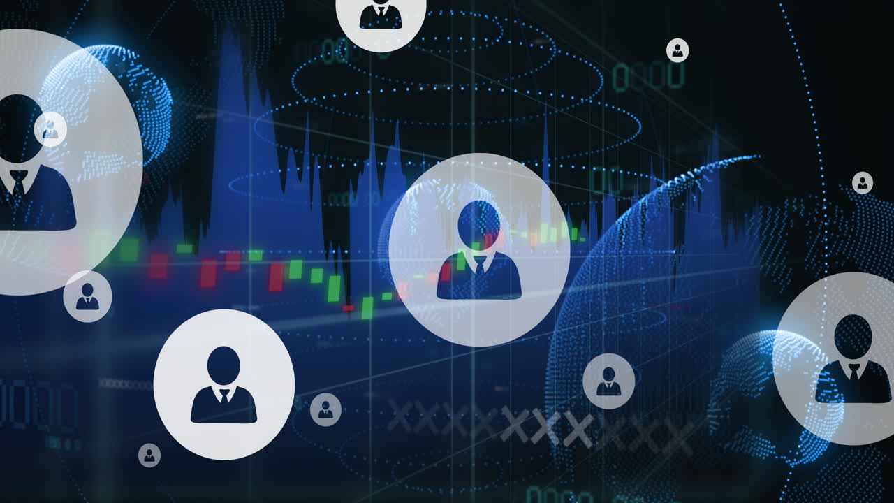 회전하는 지구 위에 떠다니는 프로필 아이콘의 애니메이션과 검은 바탕에 대한 데이터 처리