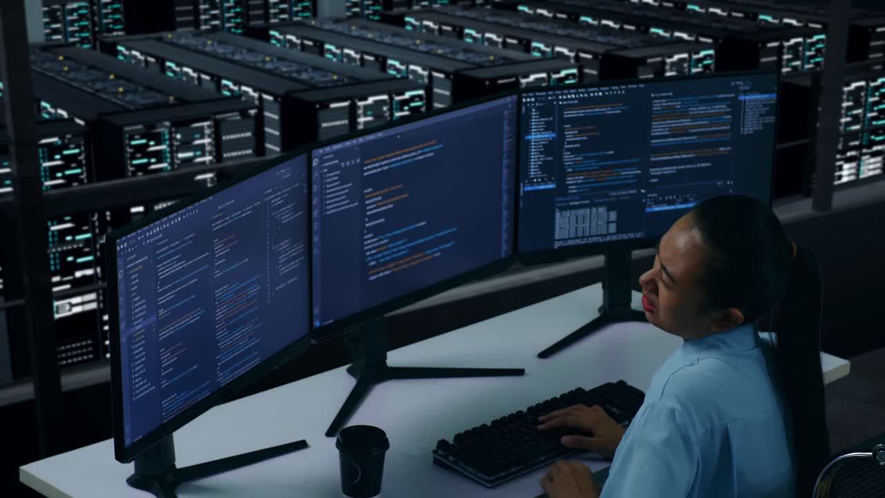 Side View Of Asian Woman Developer Having Backache While Write Code With Multiple Computer Screens In Data Center