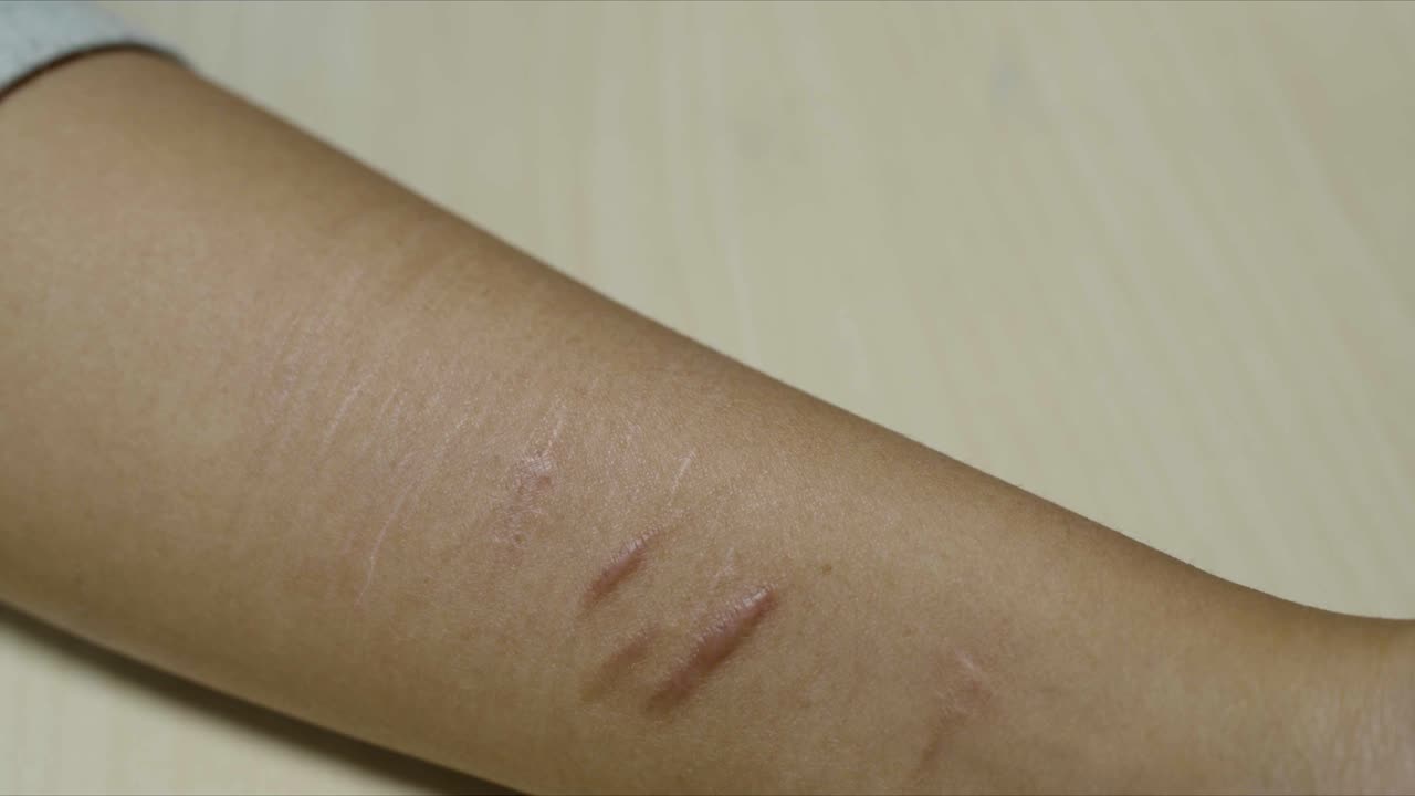 Scars on the wrist and arm of a person who tried to commit suicide then holds a razor, knife or scapel to her wrist