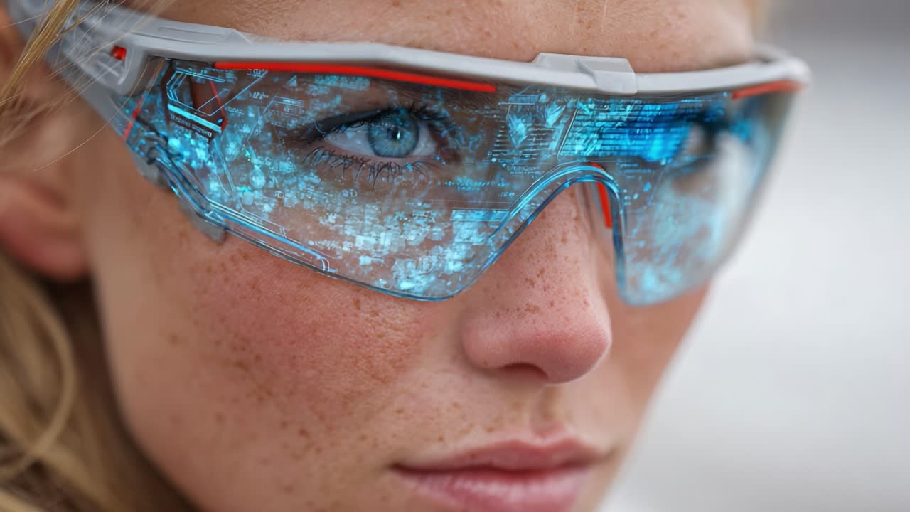 Close-Up of a Young Woman Wearing Futuristic Augmented Reality Glasses, Displaying Advanced Technology and Digital Visuals in Beautiful Detail