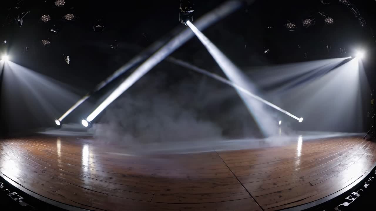 Toma en gran angular de un escenario tenuemente iluminado con focos y niebla, creando un ambiente dramático.
